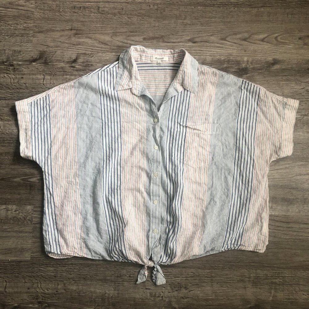 VGUC Madewell Short-Sleeve Tie-Front Collared Casual Shirt in Rawley Stripe Sz L